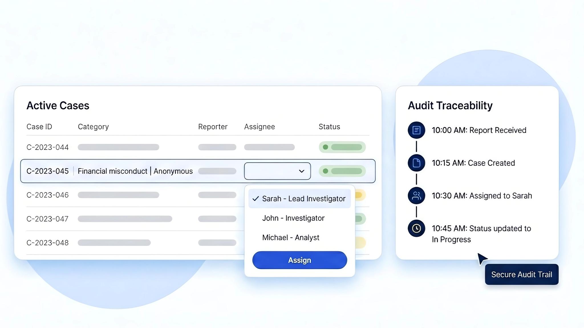 Case management workspace with status dropdown and triage workflow