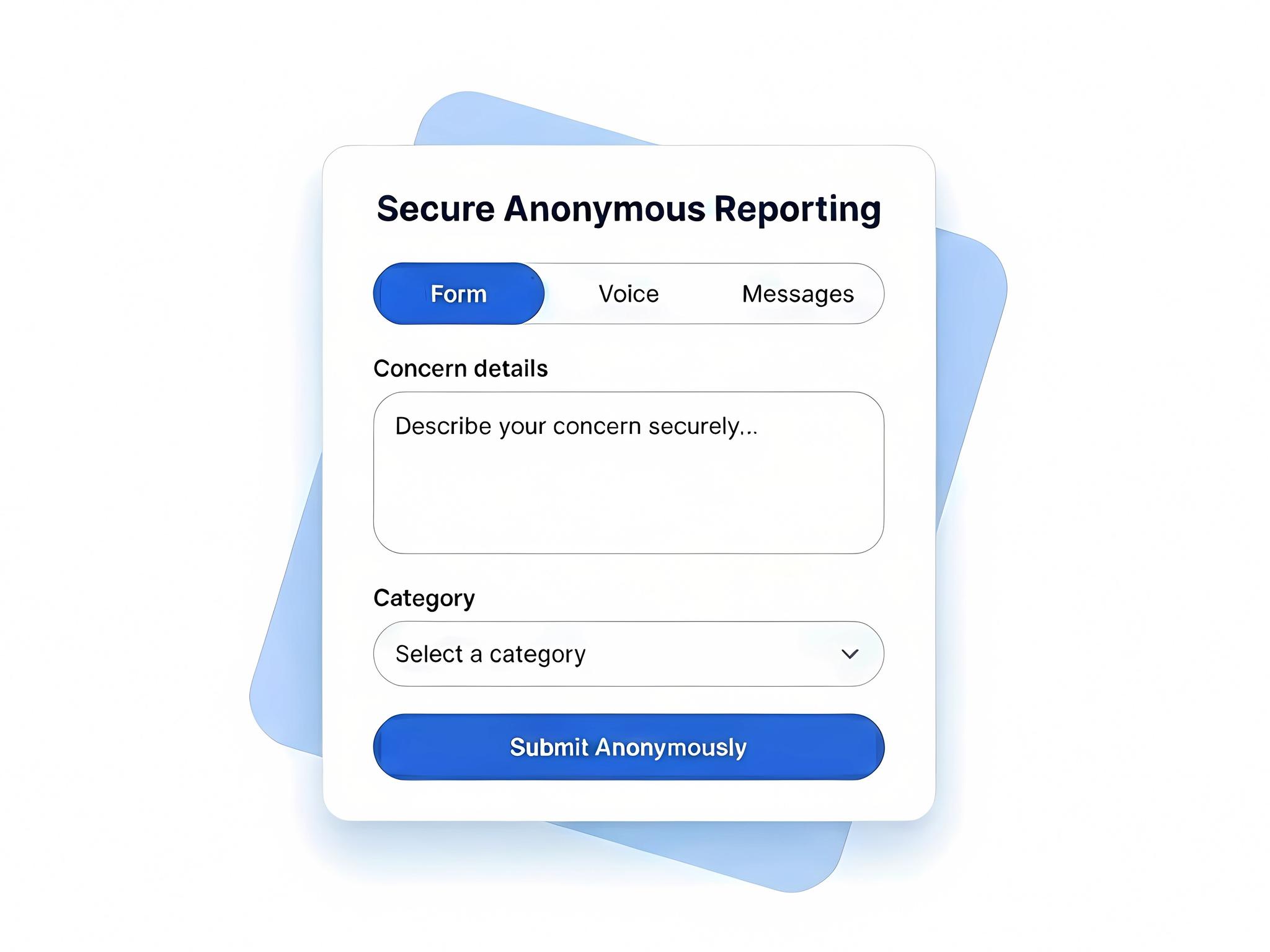 Anonymous reporting interface showing voice and text submission