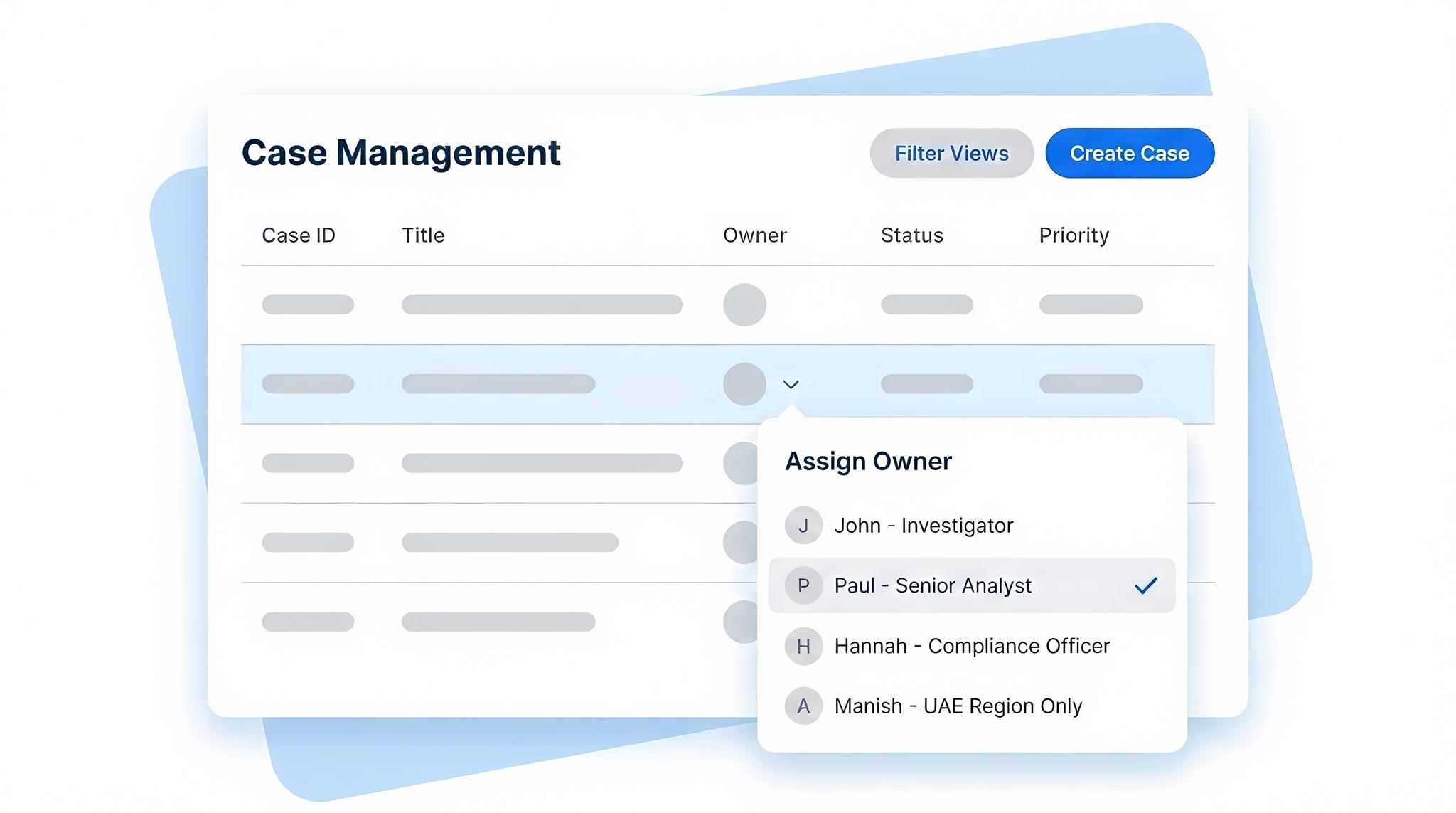 Case management workspace with assignee and status columns